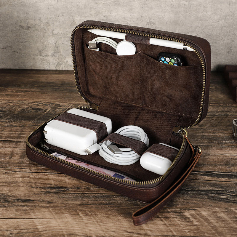 Tech Accessories Case - Винтажная коричневая сумка-органайзер из натуральной коровьей